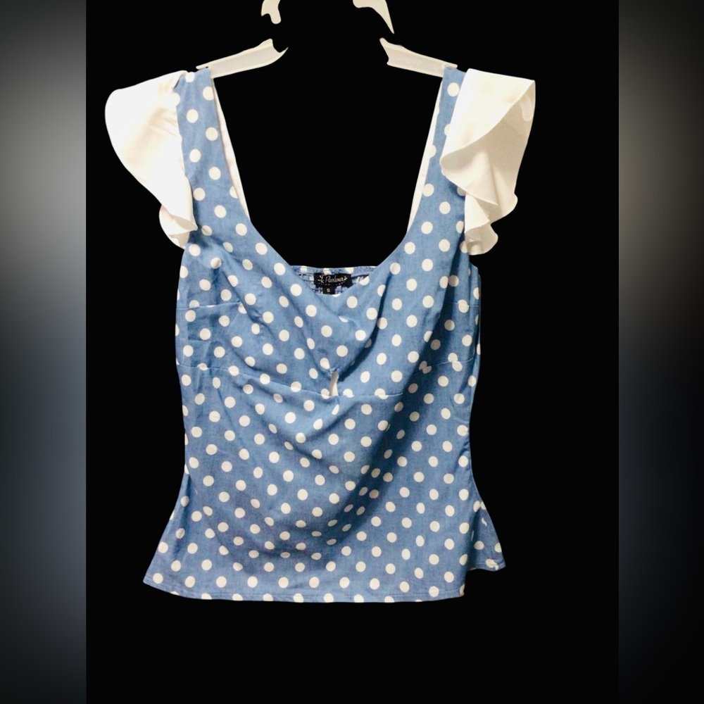 Blue Polka Dot Blouse with White Ruffle Sleeves